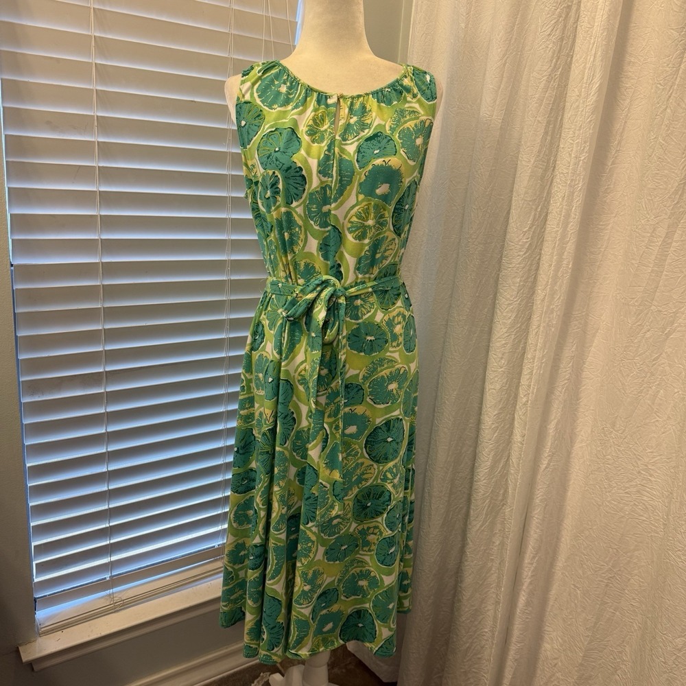 Lands End Sleeveless Belted Lime Midi Dress Sz 14/16 Cotton Green Summer Citrus